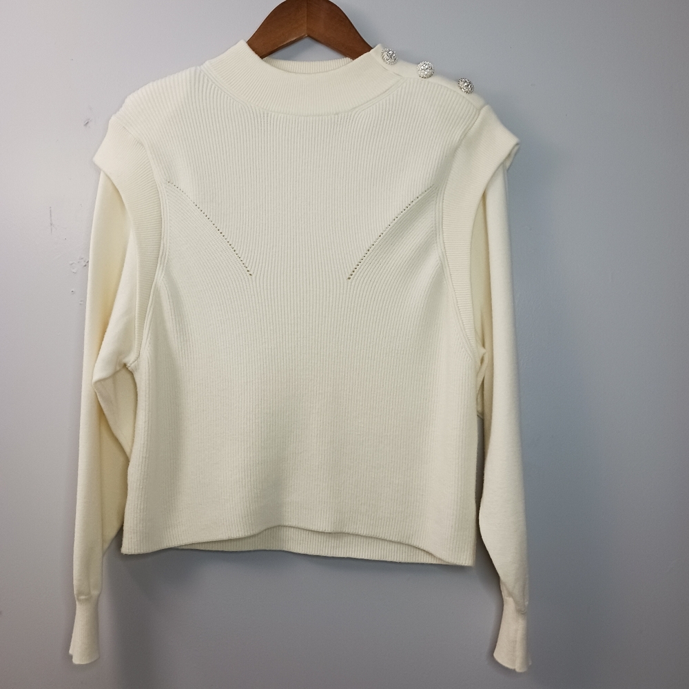 Calligraphie Knit Sweater Women Size L Ivory Ribbed Rhinestone Buttons Ribbed